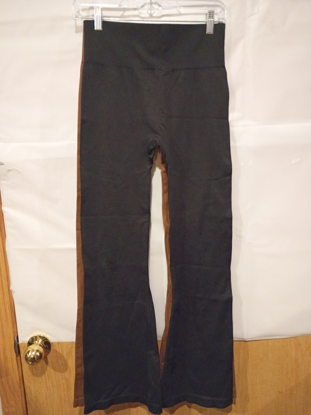 High-Waist Black Flare Pants with Brown Side Stripe